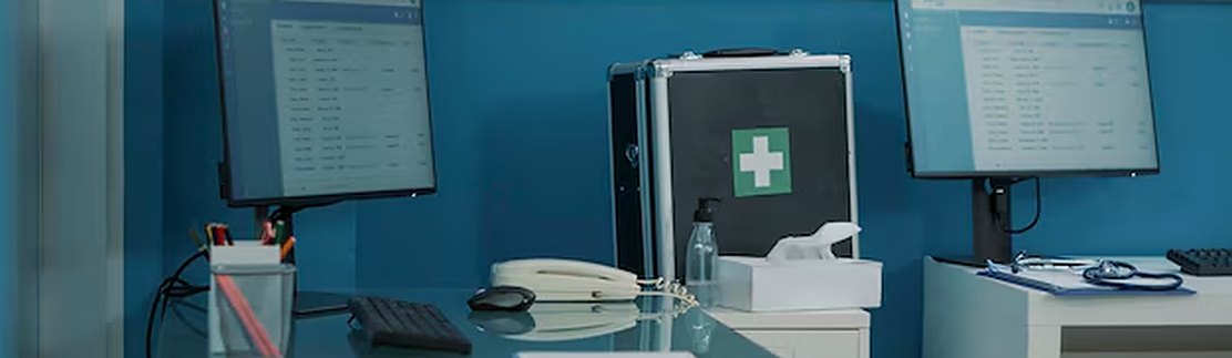Profissional de saúde em atendimento em ambulatório corporativo